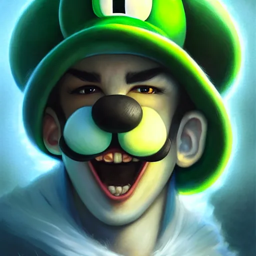 Prompt: hyper realistic, portrait of a mega derpy luigi by greg rutkowski, scott m fischer, artgerm, loish, slight glow, atmospheric, anne stokes, alexandros pyromallis