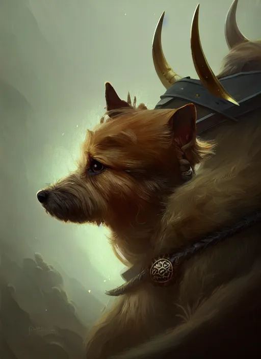 Image similar to norwich terrier as an viking, backround dark, highly detailed, digital illustration, trending in artstation, modern painting, smooth, sharp focus, intricate, by peter mohrbacher