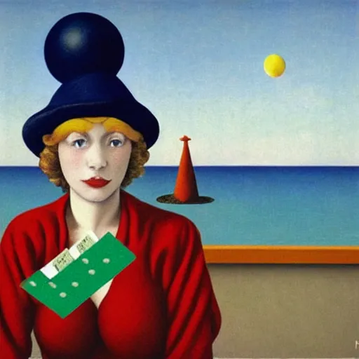 Image similar to A girl with jester hat and clothes on the front of a Balustrade with a beach on the background, major arcana cards, by Rene Magritte, hyperrealistic