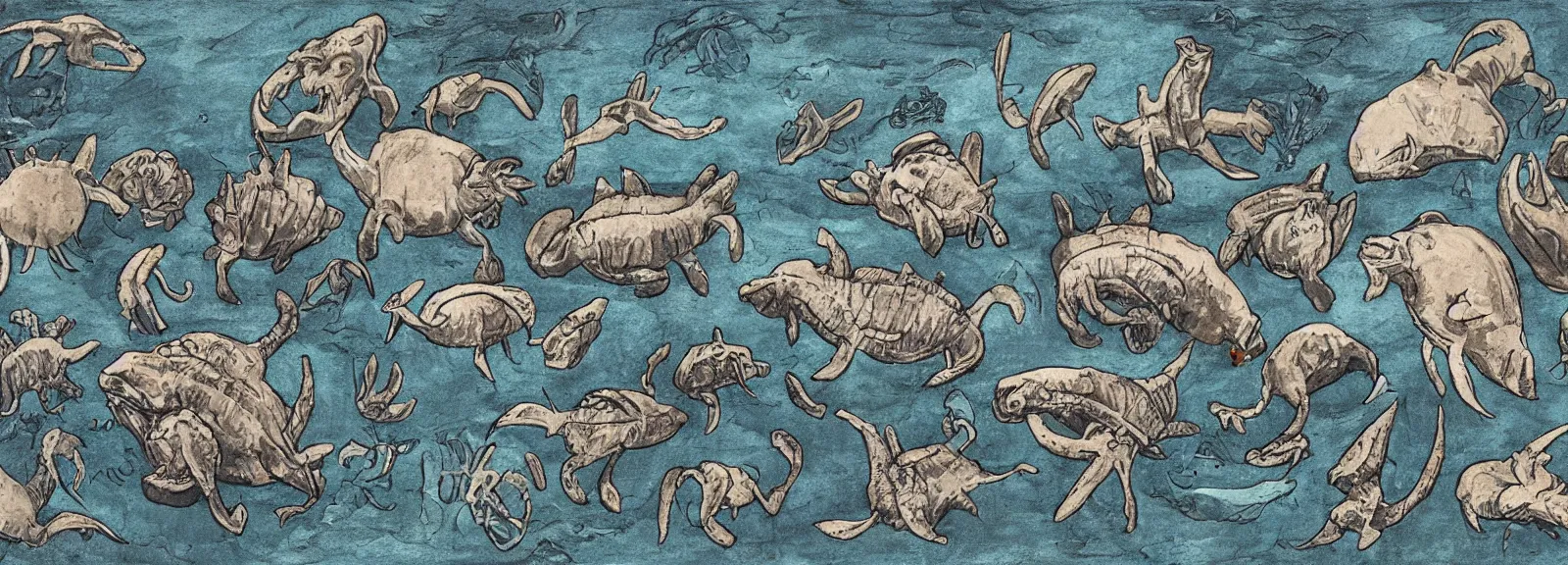 Prompt: prehistoric sea floor animals in the style of theodore gericault