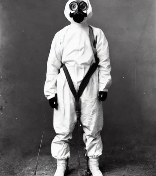 Prompt: full body shot of a man in a anti-radiation hazmat suit and gasmask, ww1 film photo, grainy, high detail, high resolution