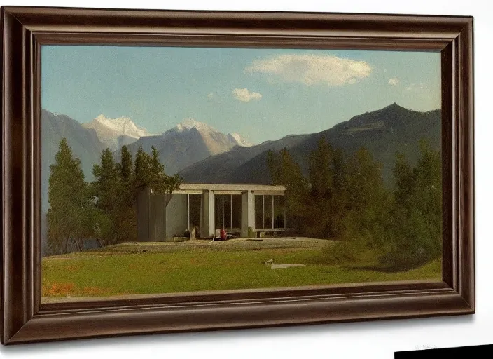 Image similar to painting of a mies van der rohe house in front of beautiful mountains by albert bierstadt