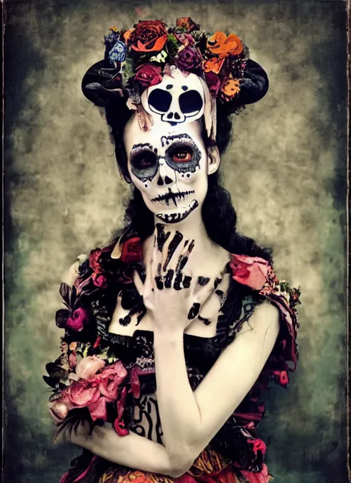 Image similar to cute punk goth fashion fractal Día de los Muertos tattoed girl posing by Zhang Jingna, surreal Dada collage by Man Ray Kurt Schwitters Hannah Höch Alphonse Mucha