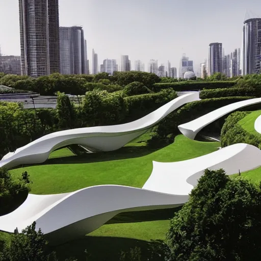 Prompt: a memorial park designed by zaha hadid