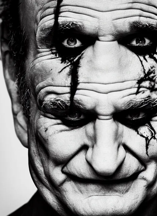 Image similar to photo of evil Robin Williams as the Joker by Lee Jeffries, head shot, detailed, award winning, Sony a7R, trending on artstation