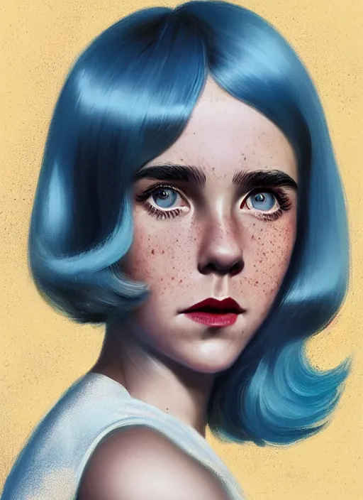 Image similar to portrait of kiernan shipka with freckles, white hair, big 1 9 6 0 s bob hairstyle with bangs and hairband, blue 1 9 6 0 s dress, intricate, elegant, glowing lights, highly detailed, digital painting, artstation, concept art, smooth, sharp focus, illustration, art by wlop, mars ravelo and greg rutkowski