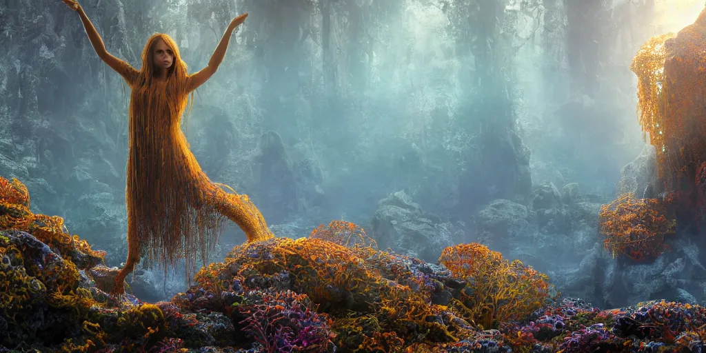 Prompt: Photorealistic intricate detailed picture of a levitating floating woman made out of colorful fungus tendrils, with arms outstretched. a gentle rising mist, an epic rocky landscape. occult photorealism, UHD, amazing depth, glowing, golden ratio, 3D octane cycle unreal engine 5, volumetric lighting, cinematic lighting, cgstation artstation concept art