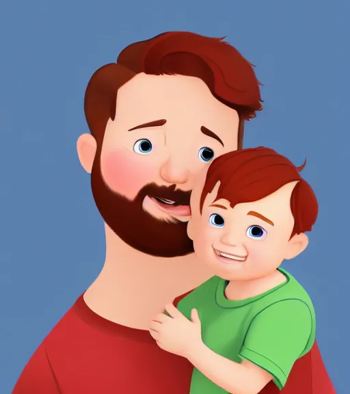 Prompt: a father with short red hair, a short red beard and blue eyes and a slightly chubby face hold his infant son with short brown hair, full color digital illustration disney, pixar animation 4 k