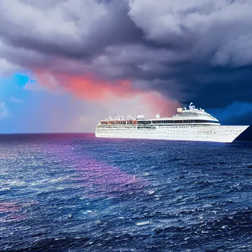 Image similar to cruise ship on fire in the middle of the ocean, with stormy clouds looming in background. scenic, far shot, gorgeous, 4 k