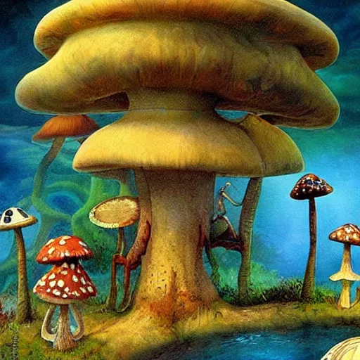 Prompt: waterpark in a mushroom world painting by brain froud, charles vess, cinematic lighting, epic composition, highly detailed