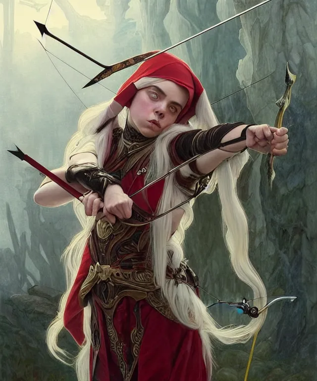 Image similar to Billie Eilish as a fantasy elf with a bow and arrow, portrait, fantasy, intricate, elegant, highly detailed, digital painting, artstation, concept art, smooth, sharp focus, illustration, art by artgerm and greg rutkowski and alphonse mucha