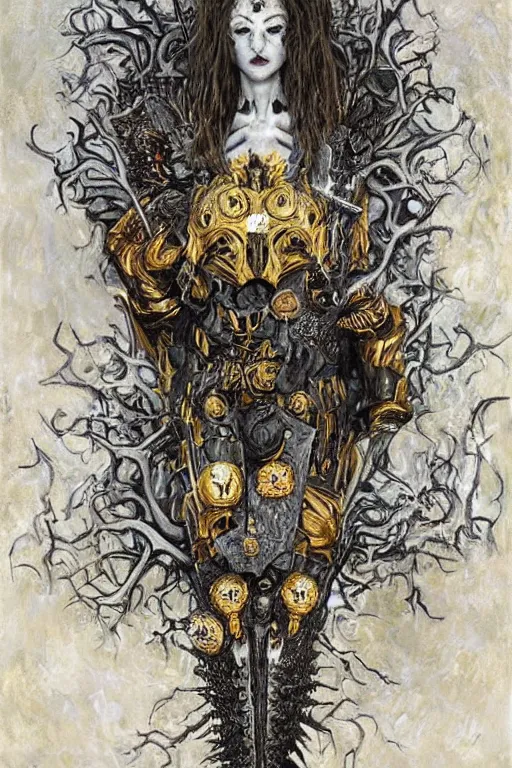 Image similar to The Knight of Bones by Karol Bak, Jean Deville, Gustav Klimt, and Vincent Van Gogh, portrait of a handsome vampire knight in armor, piercing grey eyes, ornate armor covered in thorns, bat wings, ornate dramatic bat wing helmet, mystic eye, otherworldly, skulls, fractal structures, arcane, inscribed runes, infernal relics, ornate gilded medieval icon, third eye, spirals