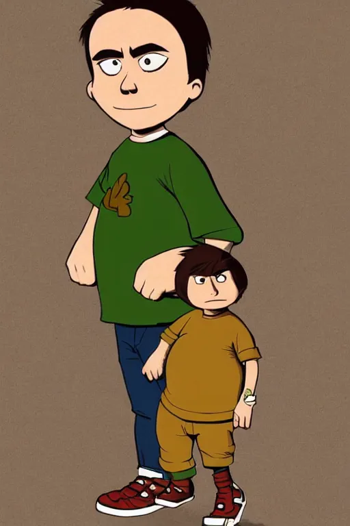 Image similar to Full body portrait of a short!, overweight!! teenage boy, medium length brown hair and fringe, eyes half closed, mouth open, not intelligent, standing in road, cartoon by Jamie Hewlett, cel shaded, Trending artstation, deviantart, digital art