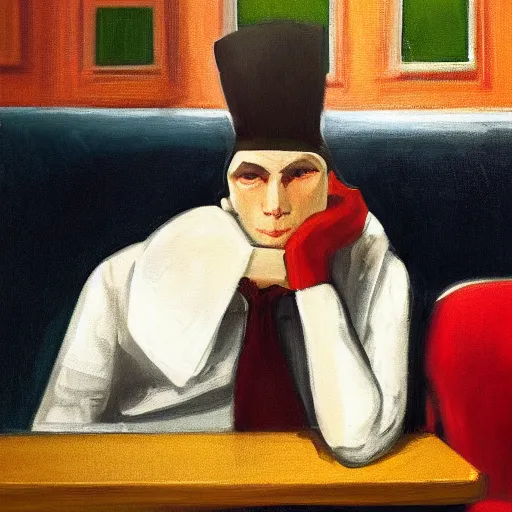 Image similar to a portrait of a vampire with a paper bag over his head, sitting in an 80s diner, painting in style of Edward Hopper, moody lighting, 4K,