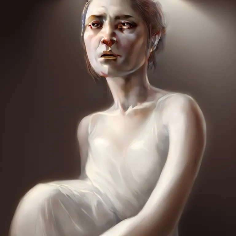 Image similar to a wonderful realistic portrait of a lonely woman with a detailed wonderful face who is dressed with a wonderful, majestic, large semi transparent white cotton dress, accent white lighting, dramatic light, octane render by roberto ferri, fantasy art, photo realistic, dynamic lighting, unreal engine rendered, artstation, poster, dramatic light, - 8 k, award winning