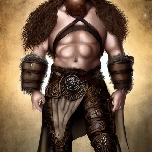 Prompt: ginger viking with flowing long wavy hair in leather and metal armor, bare chest, very pale, very hairy, very muscular, very tall, full body picture, fantasy, dungeons and dragons, detailed digital art, 4 k