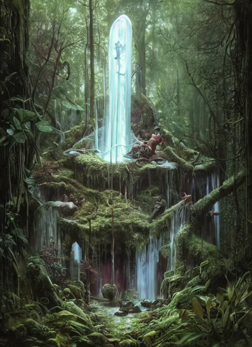 Image similar to a hyper realistic architectural witch shrine under a waterfall in the woods, gorgeous lighting, lush forest foliage, painting by chiara bautista and tom bagshaw, muca beksinski and norman rockwell and greg rutkowski weta studio, and lucasfilm