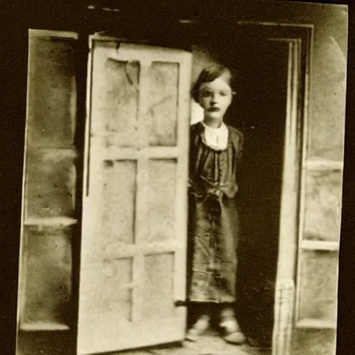 Image similar to an old photograph of a victorian child facing away from the camera, pointing at a glowing doorway