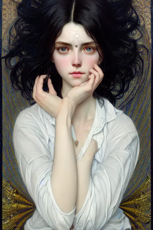 Image similar to ultra realistic, Beautiful black haired woman, Porcelain white complexion, big blue eyes, cute small lips., wearing jeans and white blouse, whip in hand, intricate details, eerie, highly detailed, octane render, 8k, art by artgerm and alphonse mucha and greg rutkowski