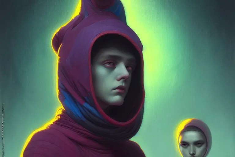 Prompt: patron saint of 👻, futuristic baggy streetwear, neon god of city character portrait, in the style of moebius, tom bagshaw, and waterhouse, cinematic lighting, beautiful, elegant, sharp focus, smooth details, intricate oil painting,