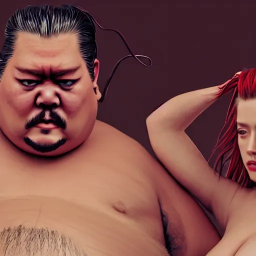 Image similar to super fat Amber Heard and Johnny Depp are Sumo fighting, artstation, matte painting, highly detailed, intricate, concept art, dramatic cinematic lighting, octane render, 8k, unreal engine