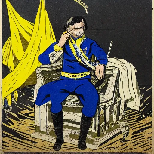 Image similar to Volodymyr Zelensky at war, dressed like Napoleon Bonaparte, his clothes are torn and dirty, he is sitting between dead corpses and weeping, holding a half burnt blue and yellow flag of Ukraine, in the style of Roy Lichtenstein