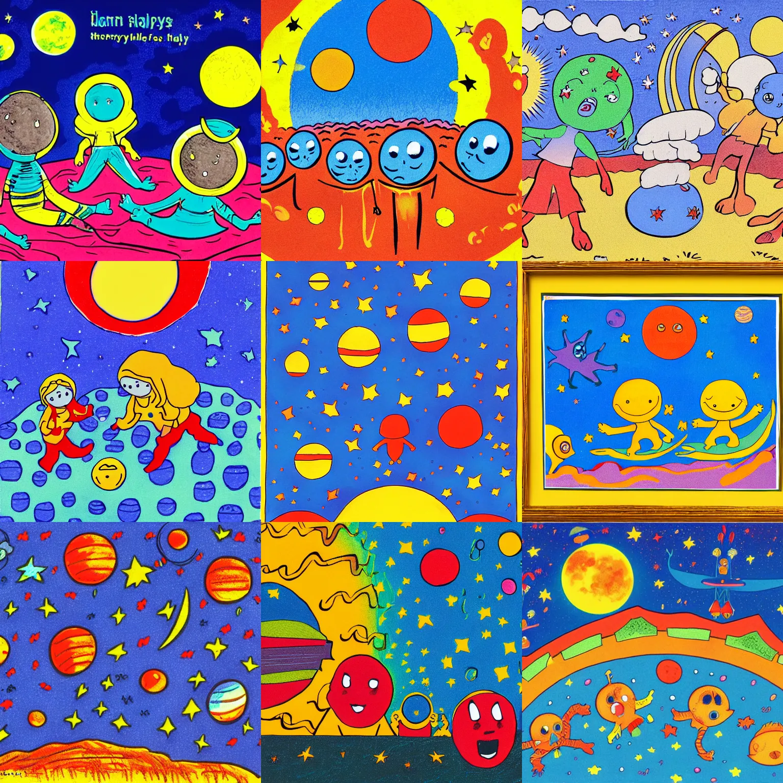 Prompt: The children and the aliens play happily until the sunset on the lunar surface , Illustration for small Children in the style of Dorothy Brook, , primary color scheme