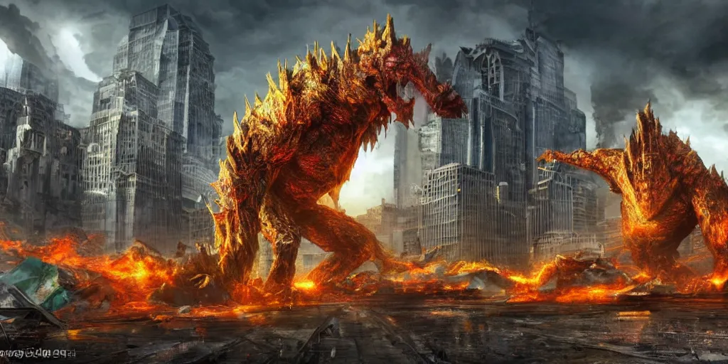 Image similar to destructive giant monsters in the city, photorealistic, highly detailed, sharp focus, vivid, colorful, symmetrical, random, convoluted, mind - blowing, creative, fully functional, end of the world, physics defying, amazing, cool