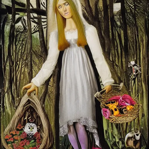 Image similar to In the experimental art Vasilisa can be seen standing in the forest, surrounded by animals. She is holding a basket of flowers in one hand and a spindle in the other. Her face is turned towards the viewer, with a gentle expression. In the background, the forest is depicted as a dark and mysterious place. american romanticism, Pokémon by Lucian Freud, by Marjorie Miller defined, blocks