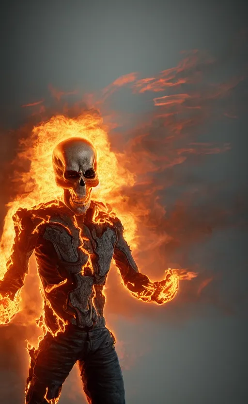 Prompt: ghost rider, highly detailed, standing, flames around body, face in focus, facing forward, smooth, sharp focus, 3D render, Octane render + unreal render, high definition, 8k, volumetric lighting