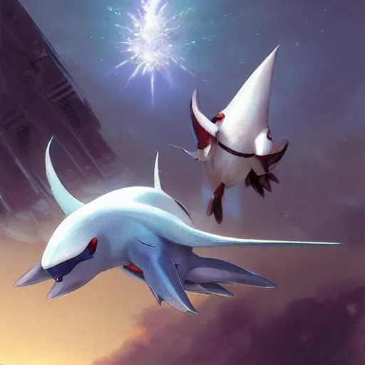 Image similar to togekiss and latios flying through a remote alien city, award - winning realistic sci - fi concept art by jim burns and greg rutkowski, beksinski, konstantin razumov