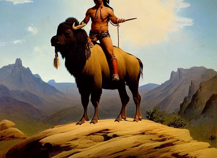 Image similar to native american riding bison, buffalo, native american warrior, mountain range, beautiful sky, standing on the edge of a cliff, 1 9 th century, painted by frazetta