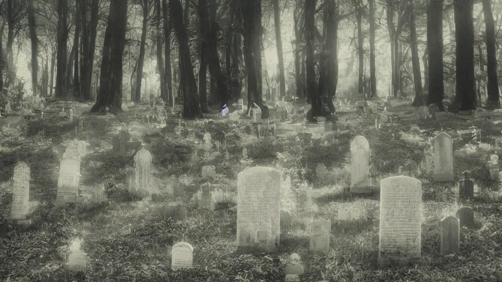 Prompt: double-exposure close up of a person in victorian dress, and a scene of a few tombstones in a forested cemetery from a Tim Burton and Wes Anderson movie, style of pinhole photography,