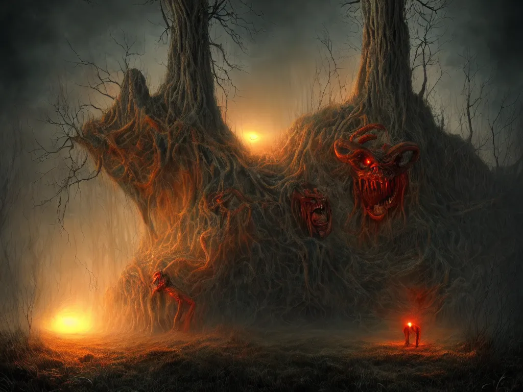 Image similar to 👹🤯🌞, dream - like scene, found on artstation, hyperrealistic digital art, nightmare, supernatural, highly detailed, creepy, terrifying