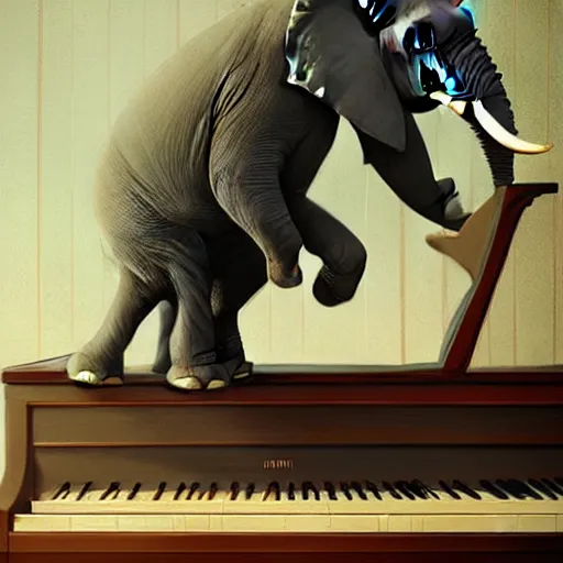 Prompt: An elephant playing piano for other animals in a bar, details, smooth, sharp focus, illustration, realistic, cinematic, artstation,, award winning, artwork by Sergey Kolesov