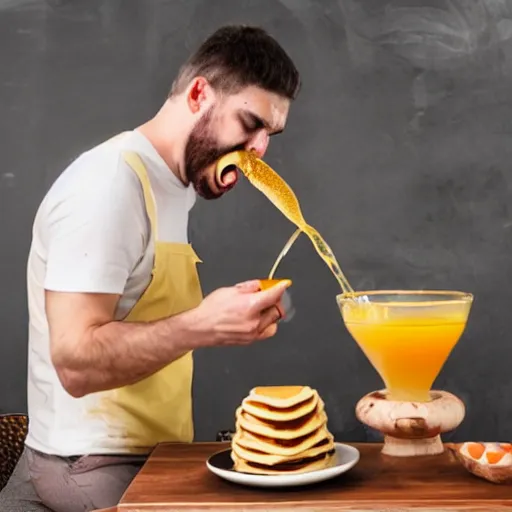 Prompt: man with pancake face pouring syrup in his mouth