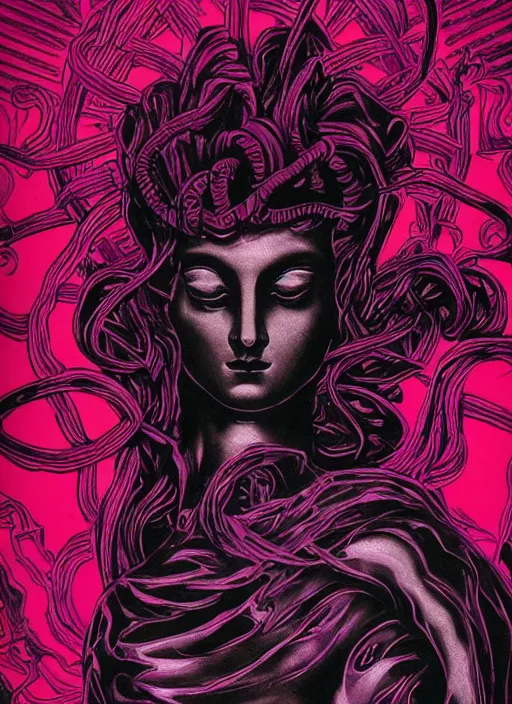 Image similar to dark design poster showing a statue of medusa, black background with very subtle red and purple design elements, powerful, ominous, nekro, guido crepax, thin straight lines, dark, glitch art, neo vaporwave, gritty, layout frame, square, trending on artstation