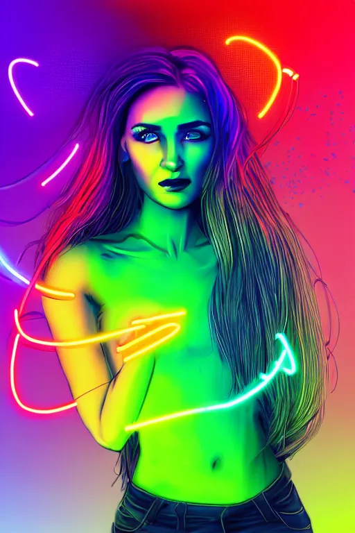 Image similar to a award winning half body portrait of a beautiful woman with stunning eyes in a croptop and cargo pants with rainbow colored ombre hairstyle head in motion and hair flying by thomas danthony, surrounded by whirling illuminated neon lines, outrun, vaporware, shaded flat illustration, digital art, trending on artstation, highly detailed, fine detail, intricate