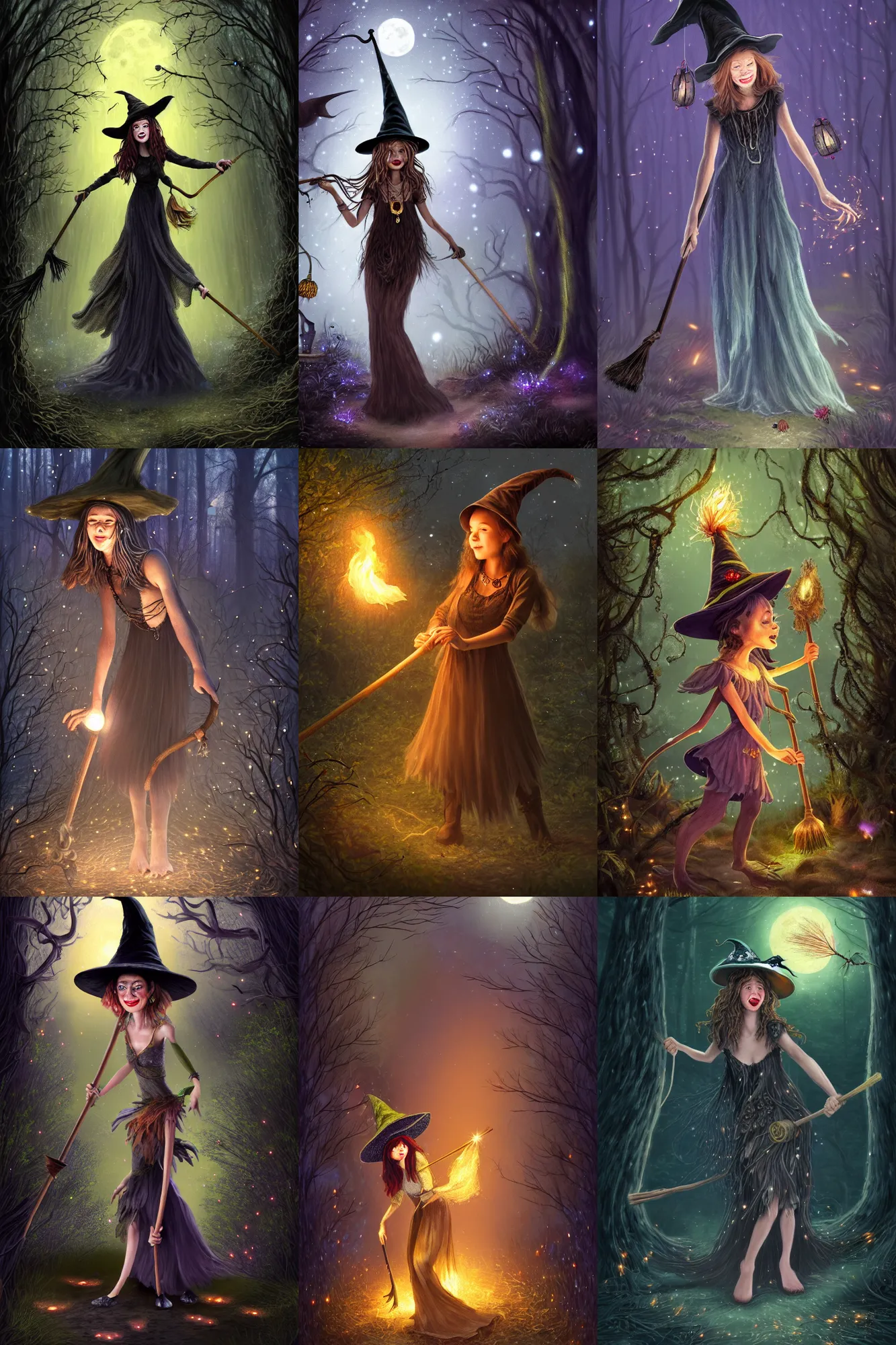Prompt: In the moonlit forest at night, a young cackling witch wearing old jewelry and a witch’s hat is dancing with her broom in front of a large bush on fire, the bush resembles a human figure, she is surrounded by fireflies, extremely detailed, 8k, fantasy, elegant, pale, highly detailed, digital painting, artstation, concept art, smooth, sharp focus, illustration, art by artgerm and greg rutkowski and alphonse mucha