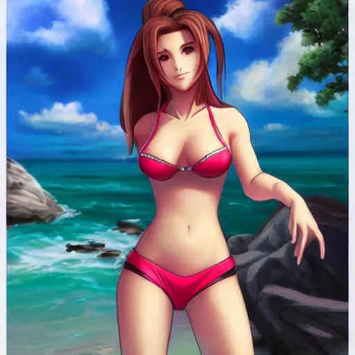 Prompt: beautiful aerith and tifa and jessie from final fantasy in a bikini on the beach making eye contact drawn by artgerm