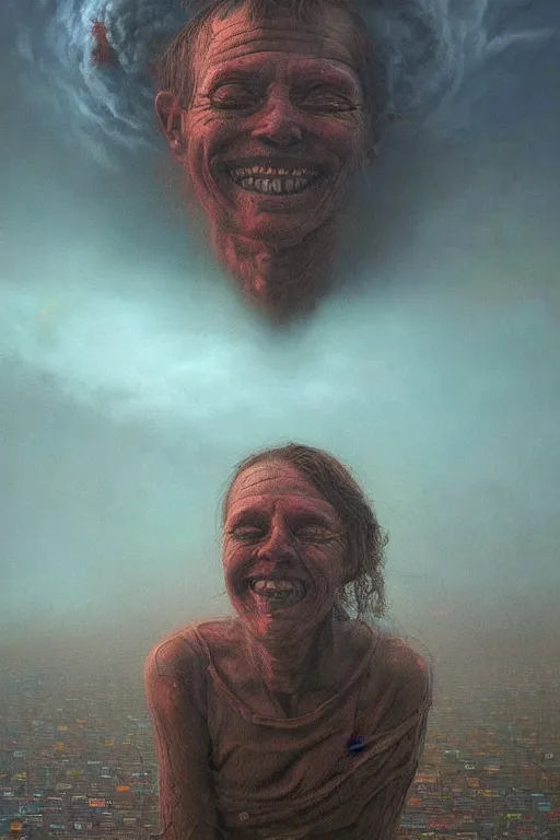 Prompt: 4K Stunningly detailed Ancient Beautiful portrait of a Smile inspired in beksinski and dan mumford work, 4K Upscale remixed with Simon Stalenhag work, sitting on the cosmic cloudscape