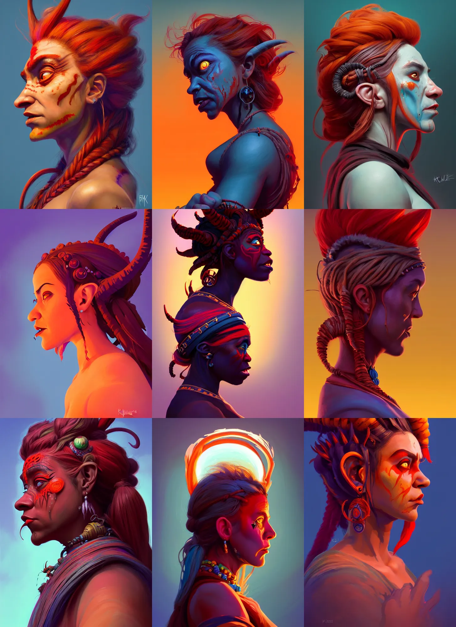 Prompt: side profile centered painted portrait, female troll shaman, crazy eyes, red skin, d & d, gloomhaven, matte painting concept art, art nouveau, beautifully backlit, swirly vibrant color lines, fantastically gaudy, aesthetic octane render, 8 k hd resolution, by ilya kuvshinov and cushart krentz and gilleard james