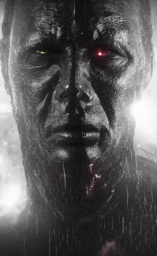 Image similar to a close up sci fi horror quarter - length portrait of dark figure surrounded by darkness and mist, horror movie poster, cinematic lighting, smooth, high detail, glowing eyes, studio quality, highly detailed, centered, octane render, by alexandros pyromallis, fog volumes, metal panels, greeble detail, frank frazetta, cgsociety