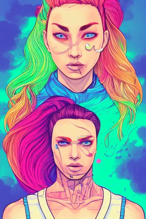 Image similar to a award winning half body portrait of a beautiful woman with stunning eyes in a printed croptop and cargo pants with rainbow colored ombre hairstyle head in motion and hair flying by josan gonzales, outrun, vaporware, shaded flat illustration, digital art, trending on artstation, highly detailed, fine detail, intricate