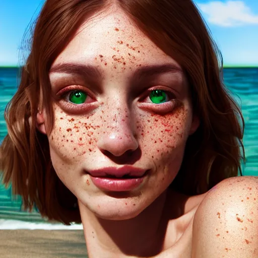 Image similar to portrait of a cute thin young woman, bronze brown hair, eye color is emerald green, red blush, cute freckles, smug smile, modern clothes, relaxing on the beach, golden hour, close up shot, 8 k, art by irakli nadar, hyperrealism, hyperdetailed, ultra realistic