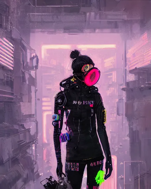 Image similar to detailed portrait neon guard girl with long straight blonde hair goggles seen from the back, cyberpunk futuristic, reflective puffer jacket, black leggings, decorated with traditional ornaments in front of a dystopian crowd with piles of garbage by ismail inceoglu dragan bibin hans thoma, perfect face, fine details, realistic shaded, fine - face, pretty face