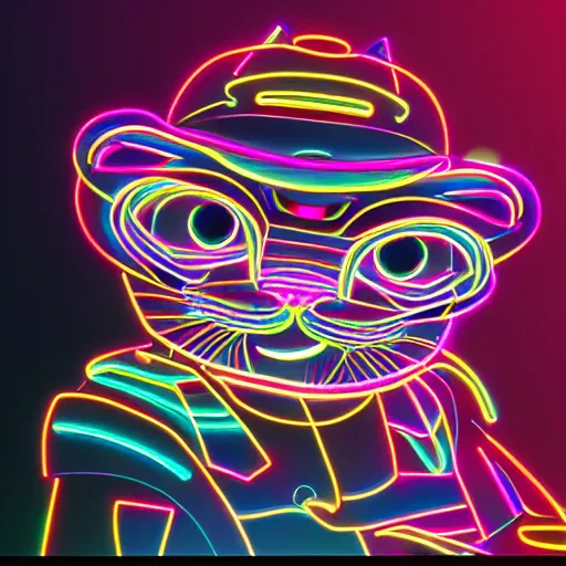 Image similar to a half robot cat wearing a hat, outlined by whirling illuminated neon lines, outrun, vaporware, shaded flat illustration, digital art, trending on artstation, highly detailed, fine detail, intricate