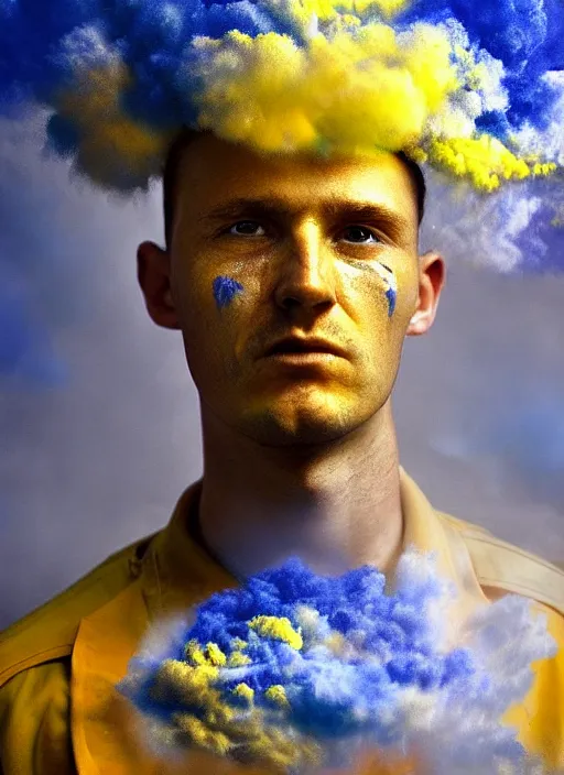 Prompt: crying!!!!!! modern ukrainian soldier!!, covered in yellow and blue clouds, disarming, enchanting, fragile, hopeful, cloudcore, portrait, by kim keever