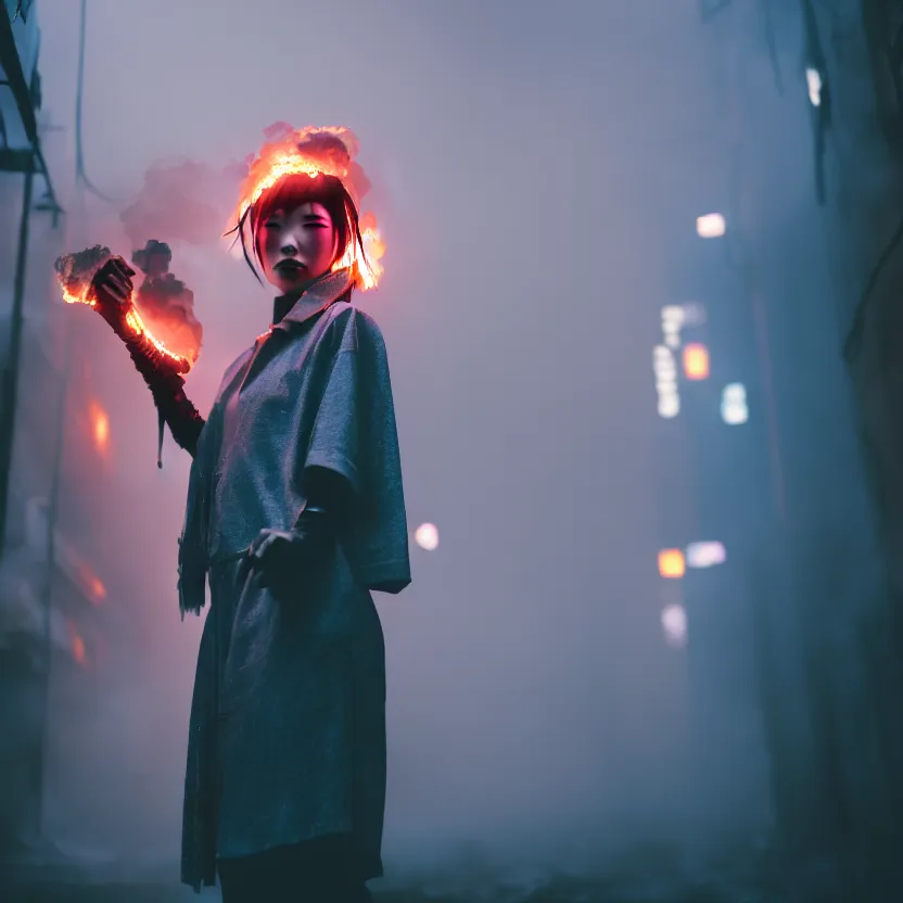 Image similar to a photo close up cyberpunk woman, fire dance in cyberpunk dirty alley, smoke mist rain, cyberpunk gunma prefecture, midnight, photorealistic, cinematic color, studio lighting, highly detailed, bokeh, style by tomino - sama