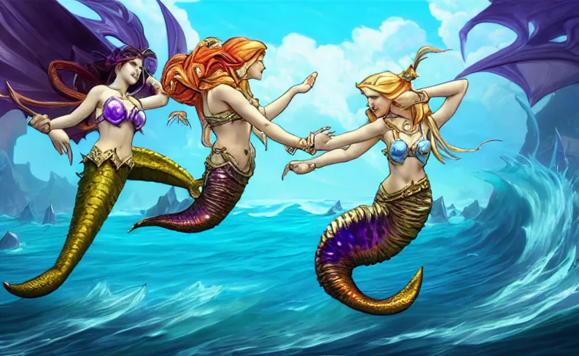 Image similar to looking up at two mermaids leaping from sea to fistbump in midair, whimsical, dungeons and dragons, league of legends splash art, heroes of the storm splash art, hearthstone splash art, world of warcraft splash art, overwatch splash art, art by artgerm, art by alphonse mucha, intricately detailed, highly detailed, trending on artstation,